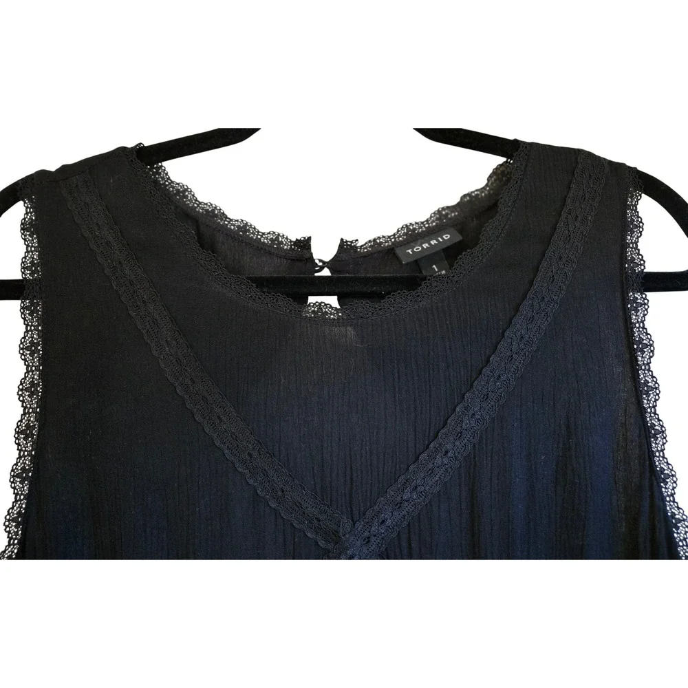 Torrid Whimsygoth Black Crinkle Gauze Lace Trapeze Dress Sleeveless Size 1, L/XL - Picture 2 of 14